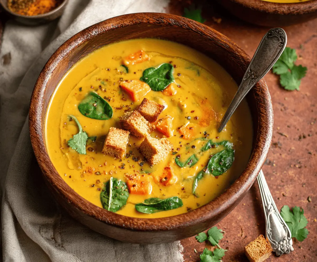 Creamy sweet potato curry soup garnished with fresh herbs in a bowl, perfect for a warm, flavorful meal.