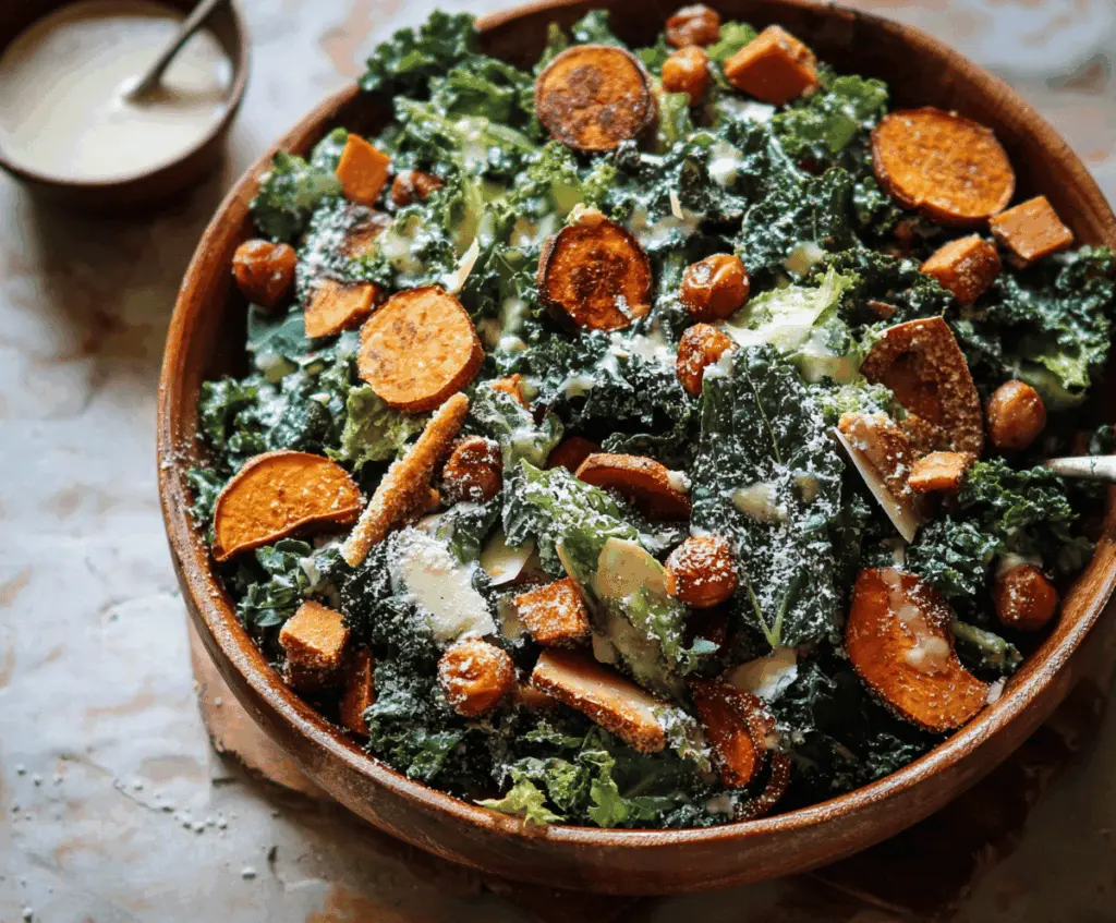 Healthy Sweet Potato Kale Caesar Salad with roasted sweet potatoes, fresh kale, crunchy croutons, and creamy Caesar dressing