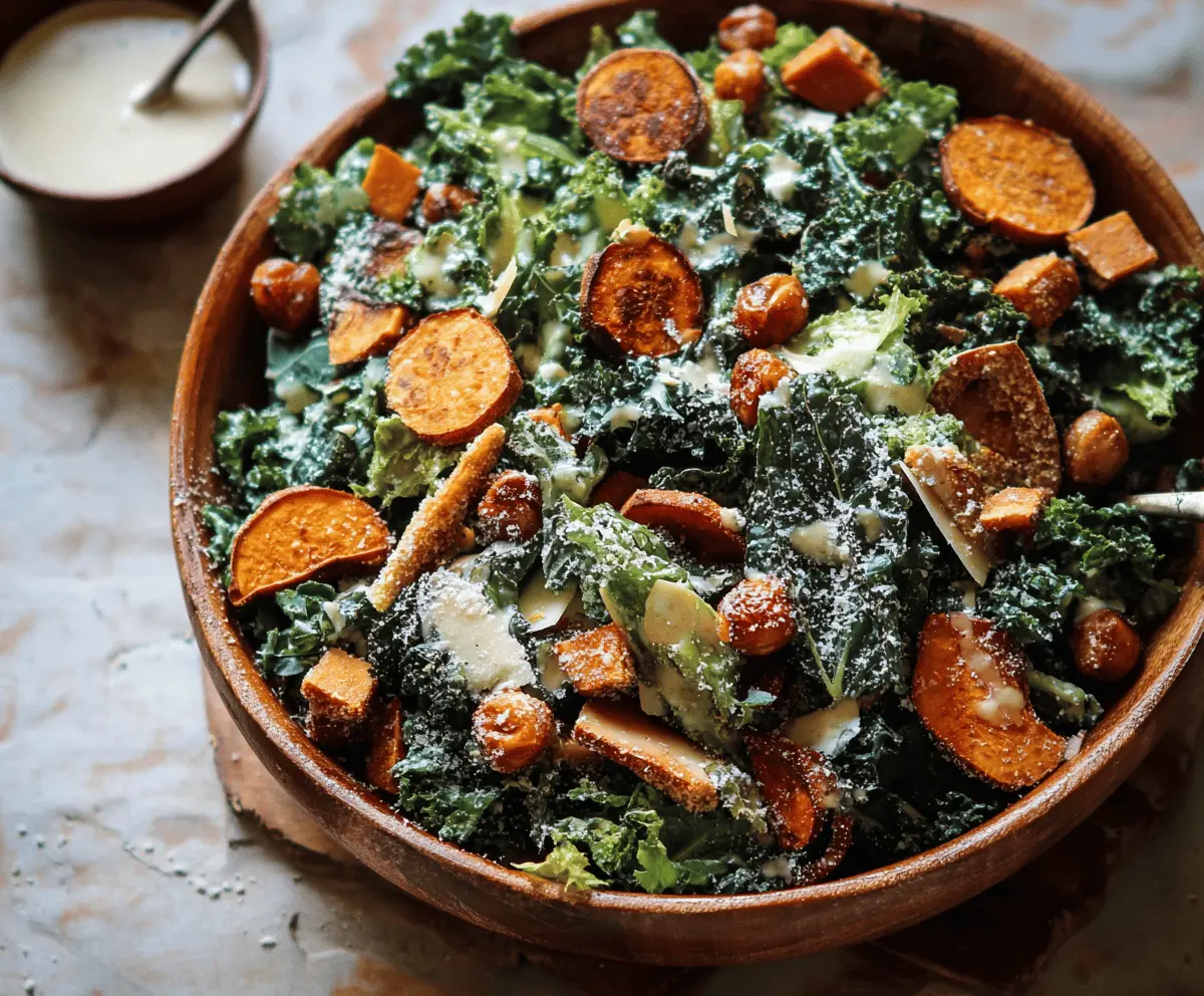 Healthy Sweet Potato Kale Caesar Salad with roasted sweet potatoes, fresh kale, crunchy croutons, and creamy Caesar dressing