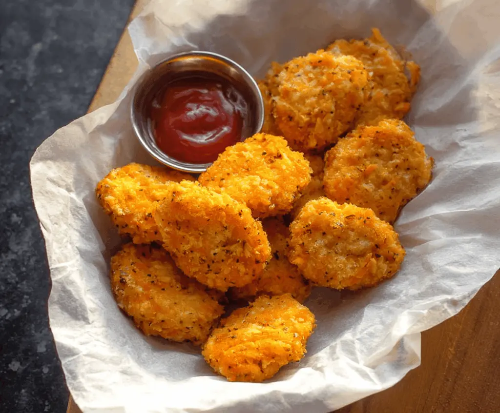 Golden baked sweet potato nuggets served with dipping sauce on a white plate, featuring crispy edges and vibrant orange color.