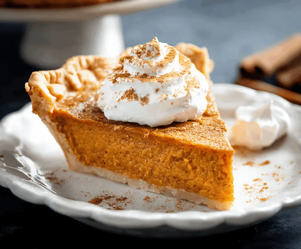 Delicious homemade sweet potato pie topped with whipped cream and cinnamon, ready to serve