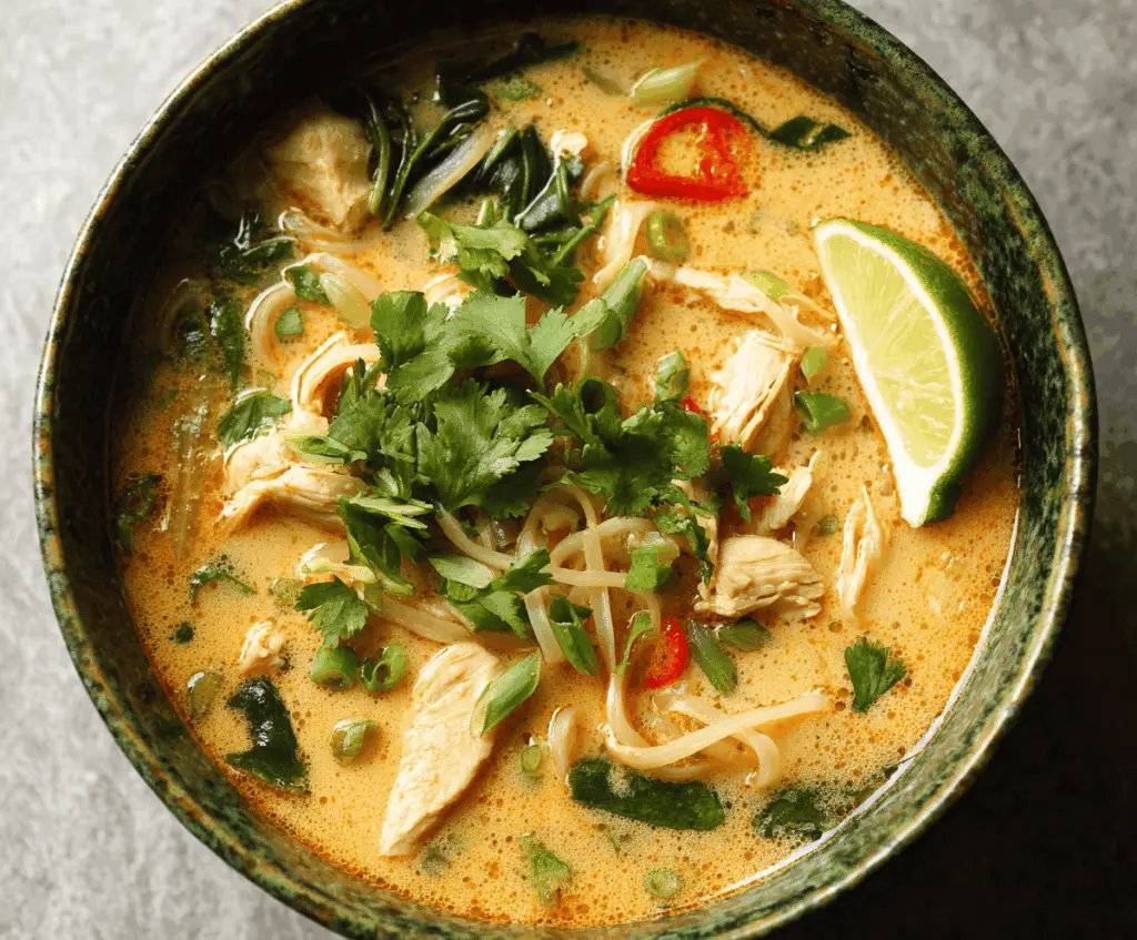 Creamy Thai Curry Chicken Soup with fresh herbs, vegetables, and aromatic spices in a bowl