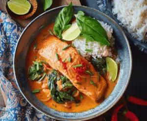 Creamy Thai Red Curry Salmon served with vibrant vegetables and jasmine rice, featuring tender salmon fillet in rich red curry sauce