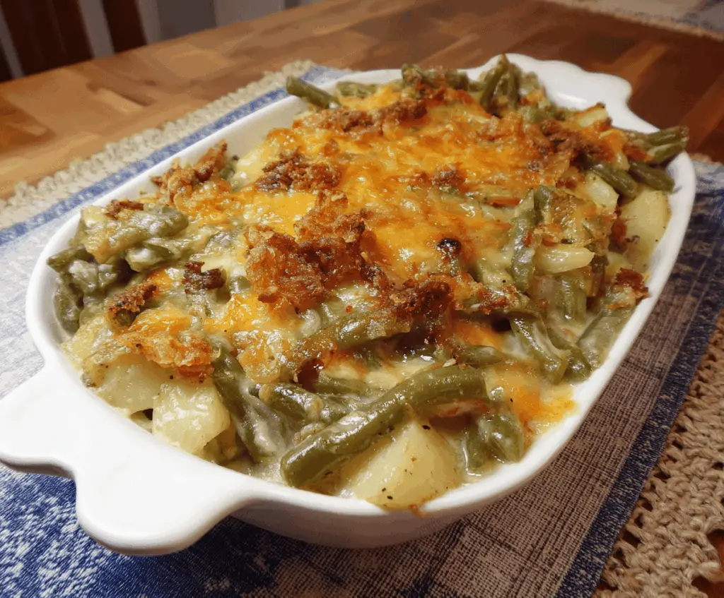 Delicious green bean casserole topped with crispy potatoes, perfect for holiday dinners.