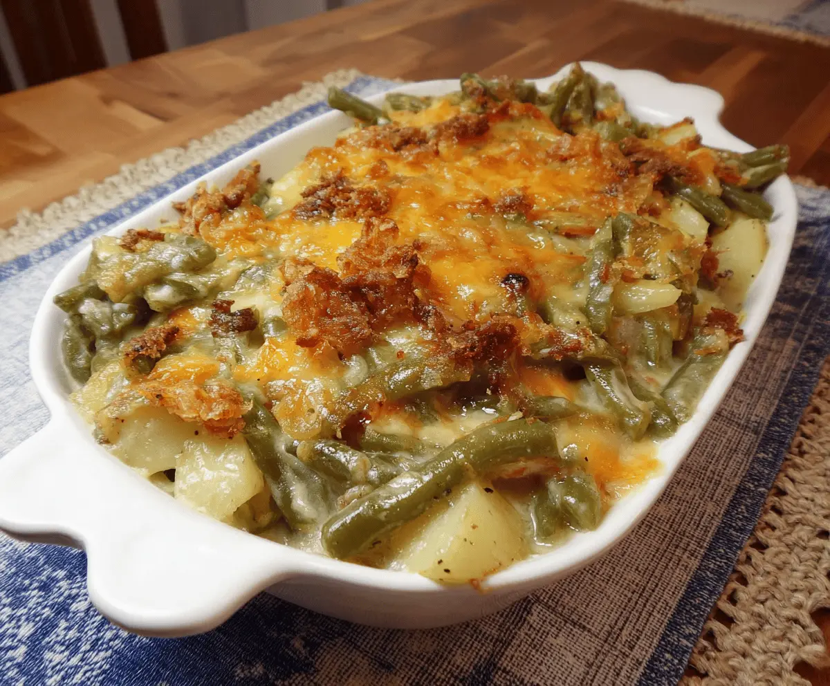 Delicious green bean casserole topped with crispy potatoes, perfect for holiday dinners.