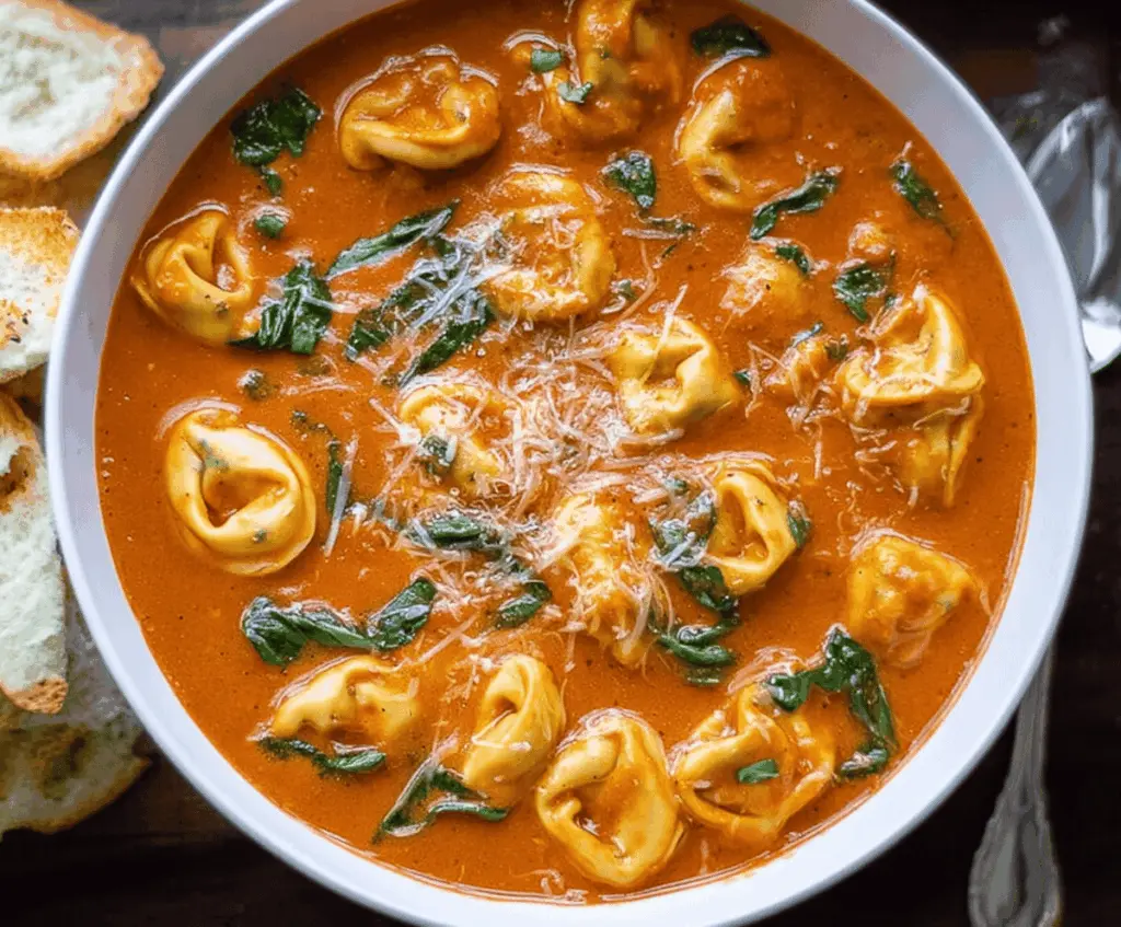 Hearty Tomato Tortellini Soup in a bowl with fresh basil and grated Parmesan cheese, perfect for a comforting meal.