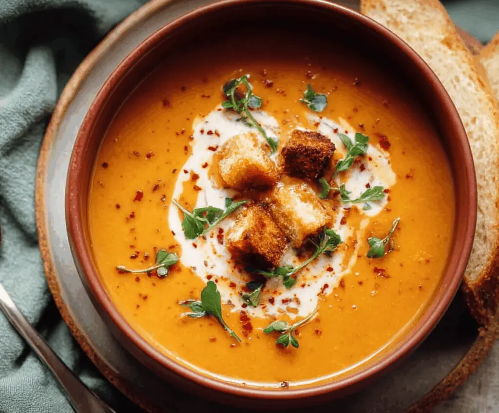 Creamy vegan sweet potato soup garnished with fresh herbs in a rustic bowl, perfect for a warm and healthy meal.