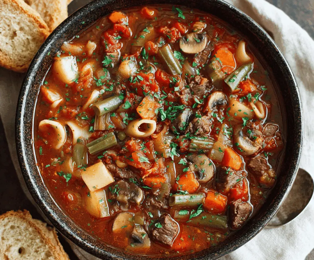 Hearty vegetable beef soup in a bowl with fresh vegetables and tender beef chunks, perfect for a comforting meal.
