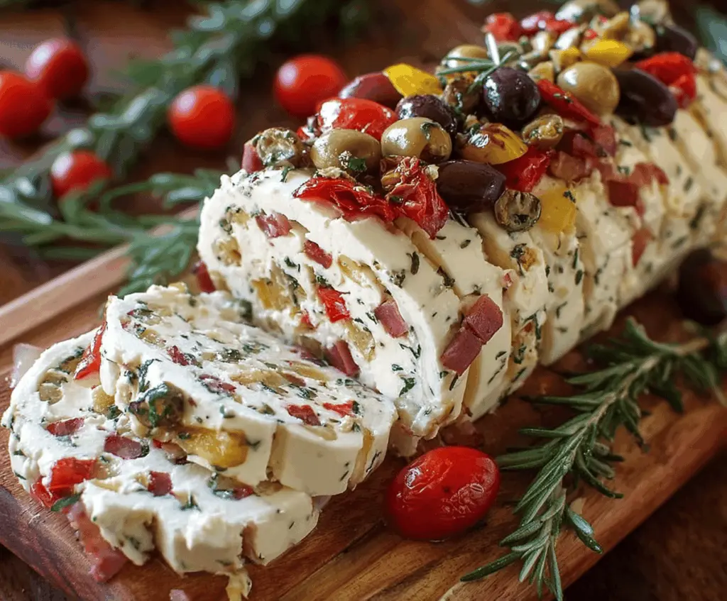 Antipasto Cream Cheese Log with olives, salami, and cheese slices on a platter.