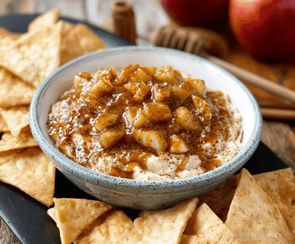 Delicious apple pie dip served with cinnamon tortilla chips, perfect for dessert or snack time.