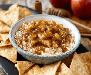 Delicious apple pie dip served with cinnamon tortilla chips, perfect for dessert or snack time.