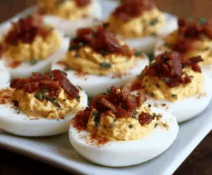 Delicious bacon deviled eggs garnished with chives on a white plate