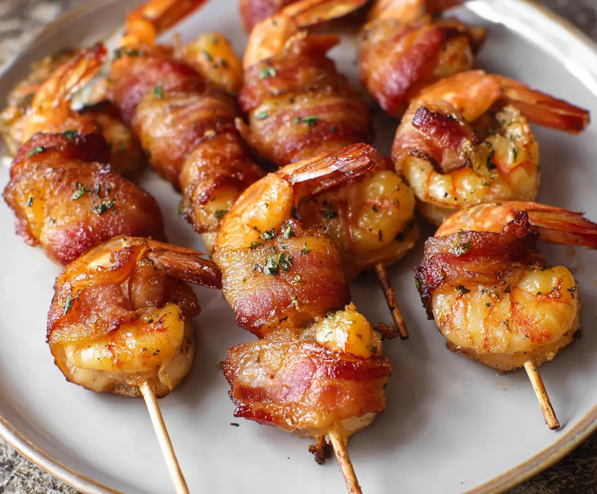 Bacon-wrapped shrimp appetizer on a plate, garnished with herbs