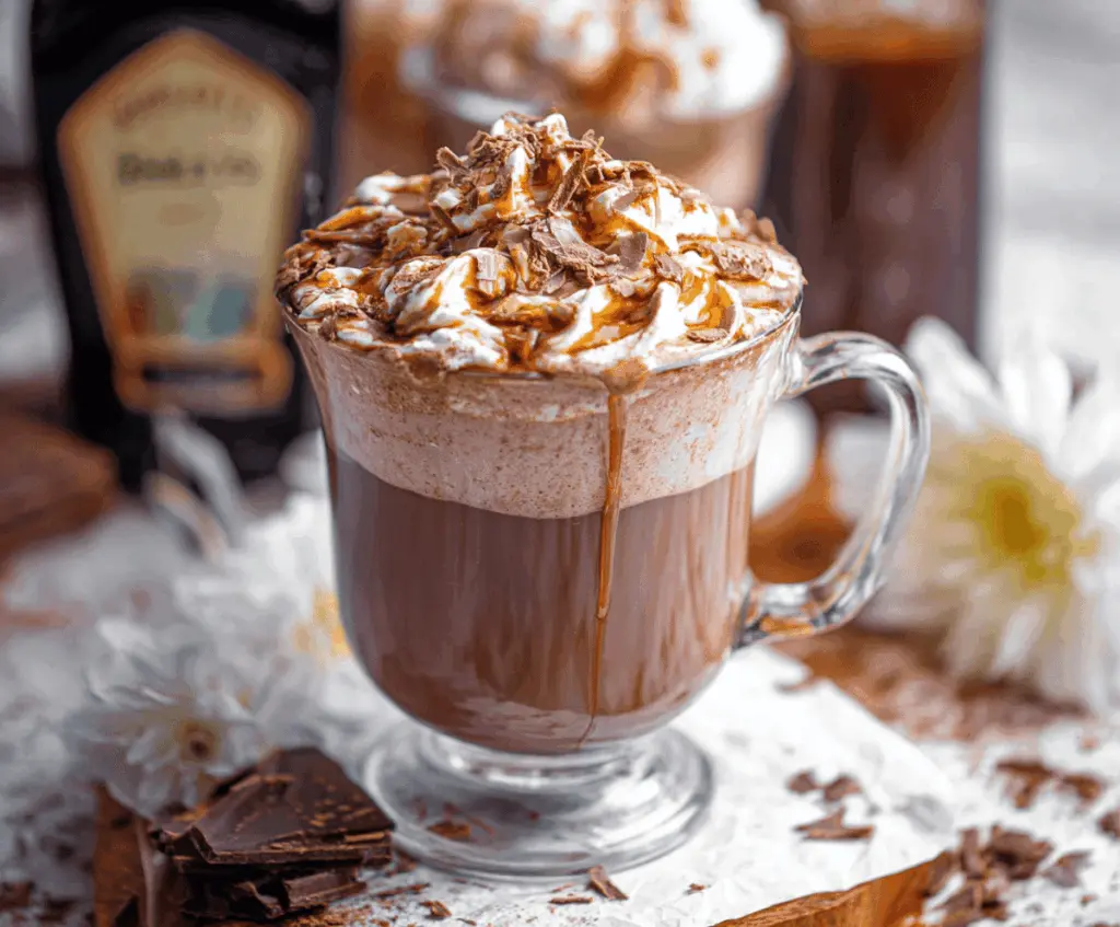 Creamy Baileys Hot Chocolate topped with whipped cream and chocolate shavings, perfect for winter evenings.