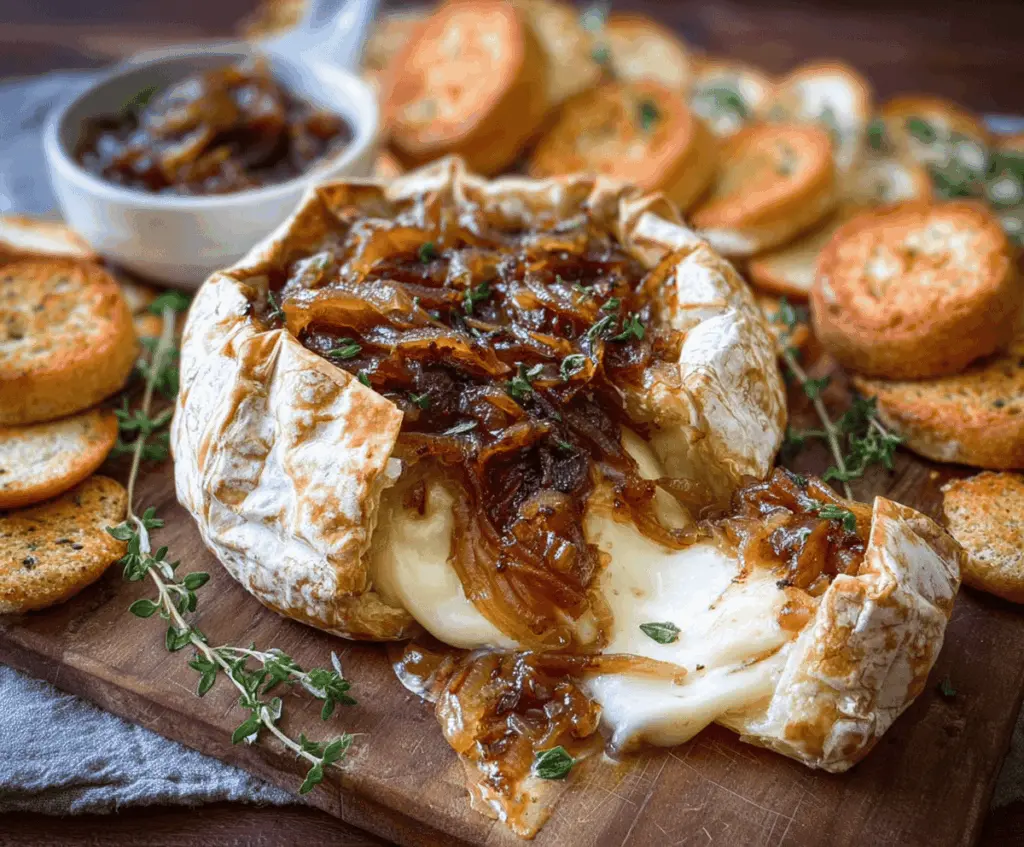 Delicious baked brie cheese topped with sweet caramelized onions on a serving platter.