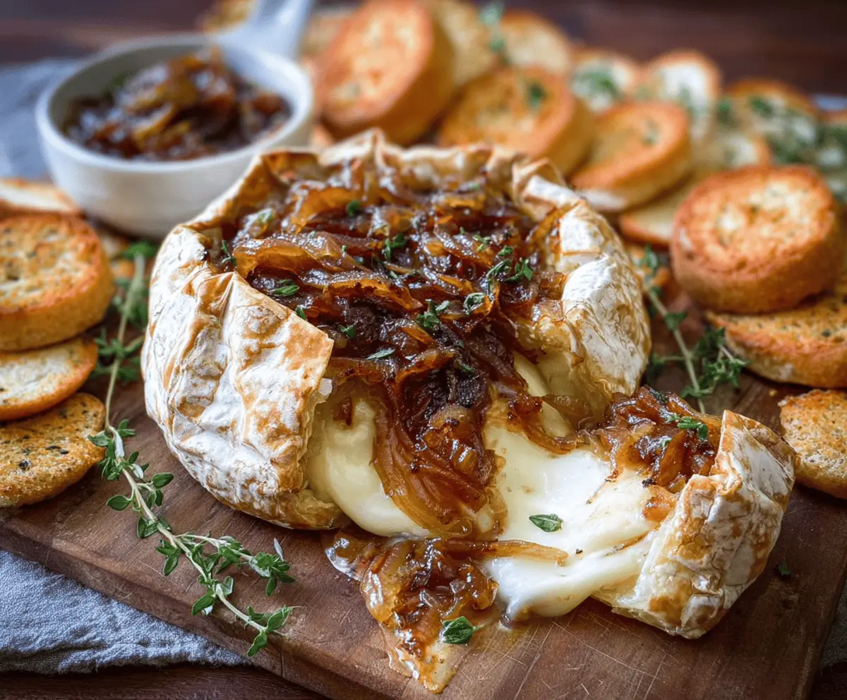 Delicious baked brie cheese topped with sweet caramelized onions on a serving platter.