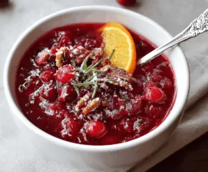 Delicious homemade baked cranberry sauce in a glass casserole dish with fresh cranberries and orange slices