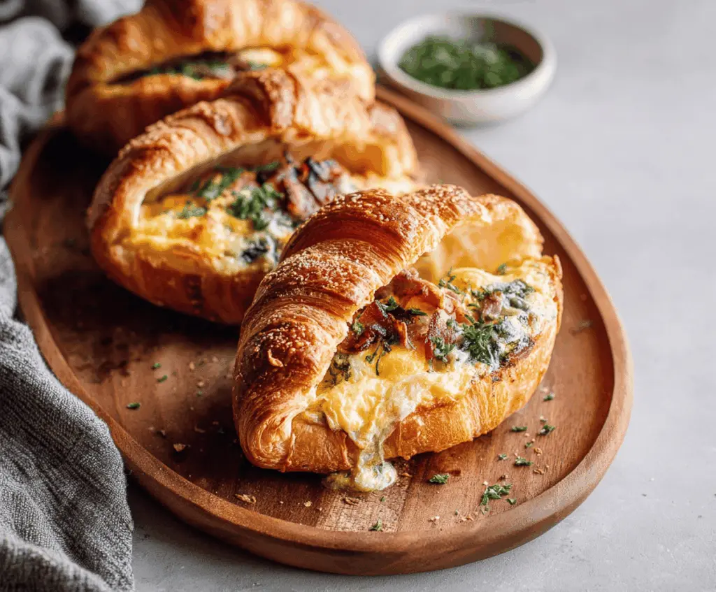 Delicious baked croissant breakfast boats filled with eggs, cheese, and vegetables on a rustic wooden table.