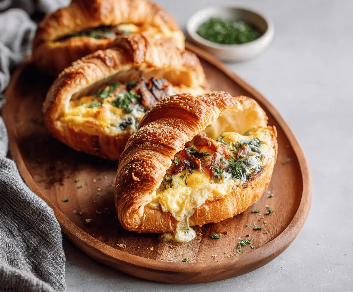 Delicious baked croissant breakfast boats filled with eggs, cheese, and vegetables on a rustic wooden table.