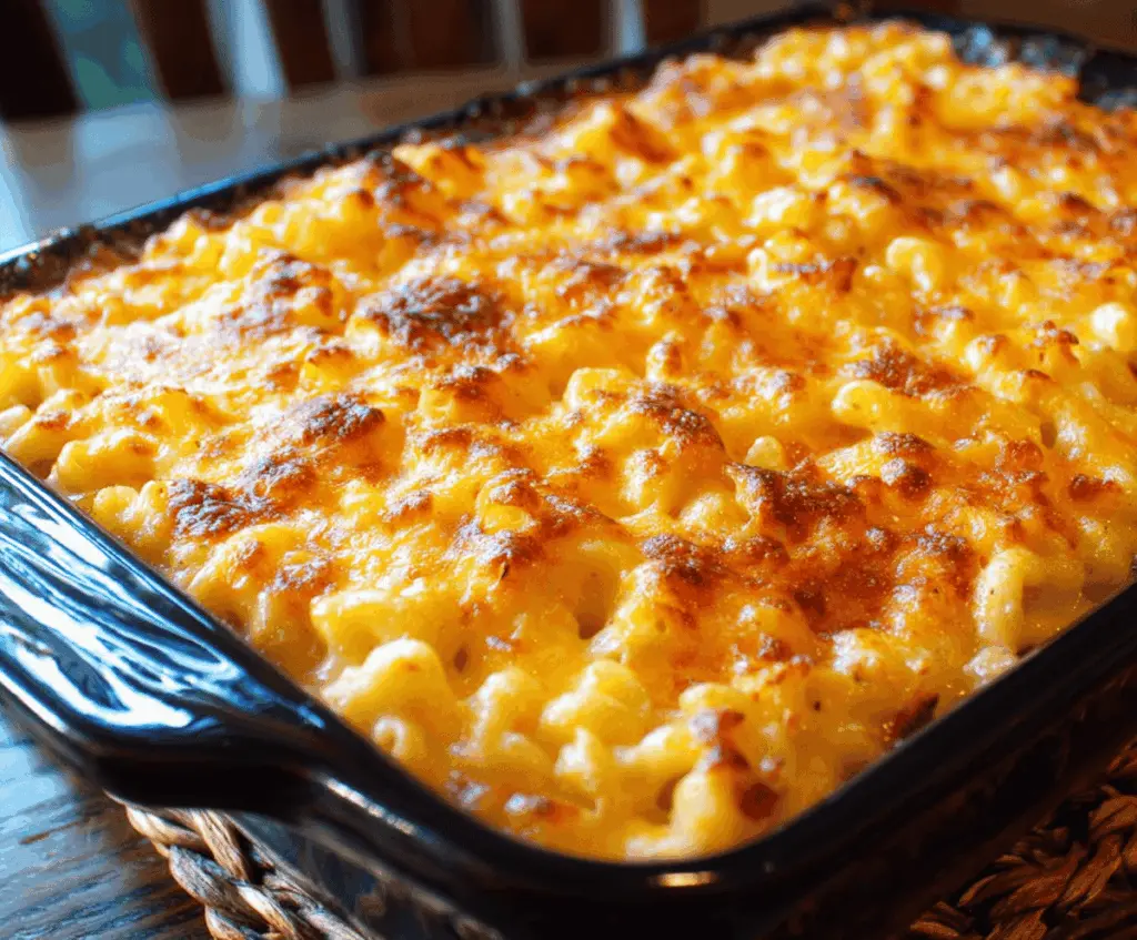 Delicious baked mac and cheese in a cheesy, golden brown crust served in a baking dish