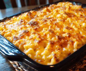 Delicious baked mac and cheese in a cheesy, golden brown crust served in a baking dish