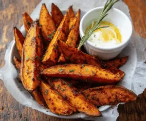 Roasted sweet potato wedges served on a platter, crispy and golden, perfect for healthy snacking.