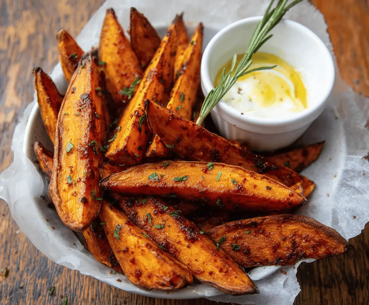 Roasted sweet potato wedges served on a platter, crispy and golden, perfect for healthy snacking.
