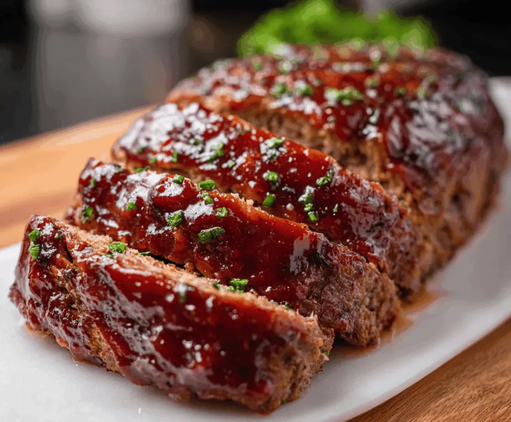 Delicious BBQ glazed meatloaf garnished with herbs on a serving platter