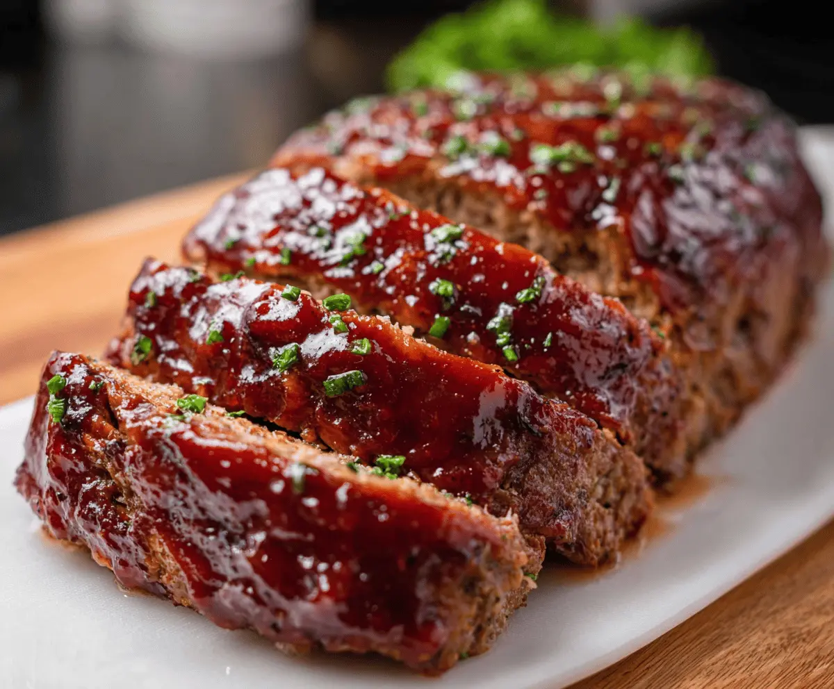 Delicious BBQ glazed meatloaf garnished with herbs on a serving platter