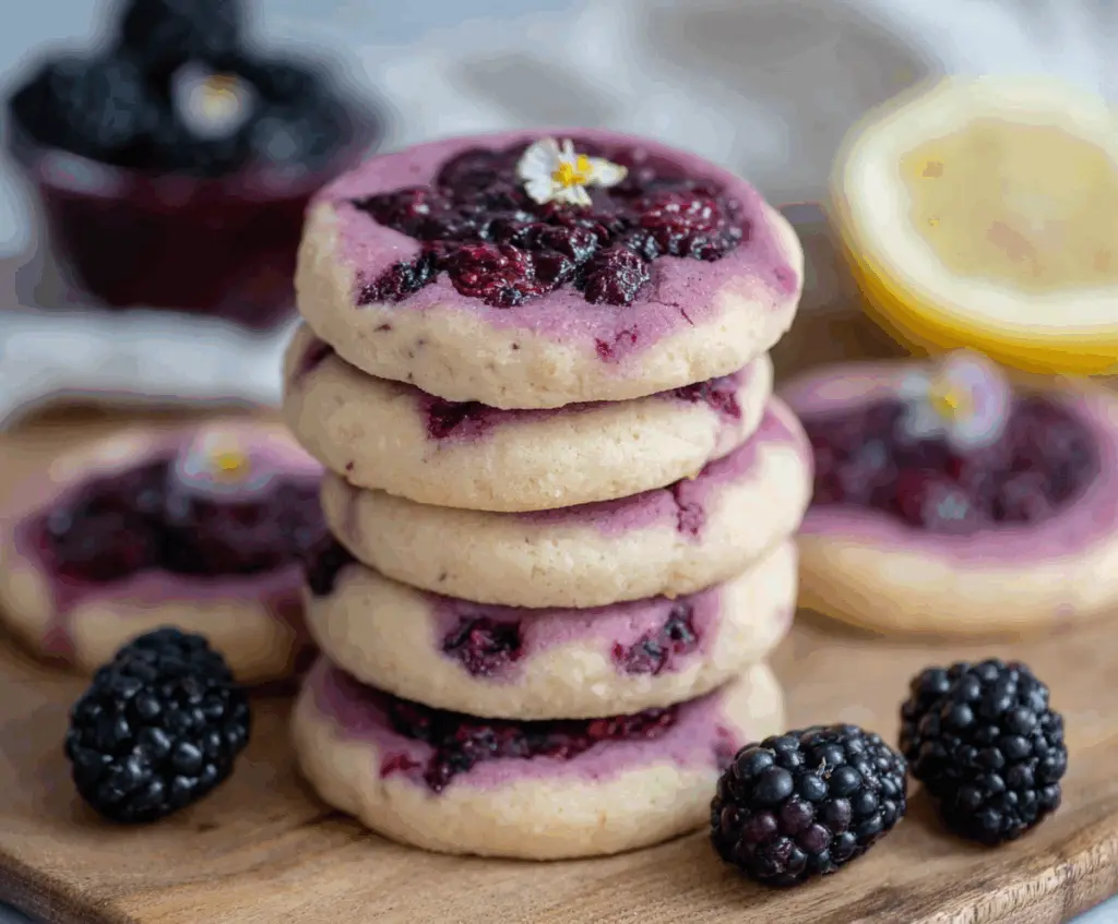 Delicious black raspberry and lemon shortbread cookies on a plate, perfect for dessert or tea time.