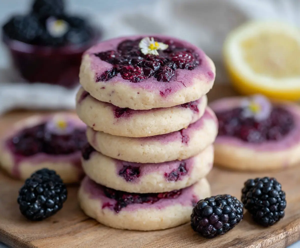 Delicious black raspberry and lemon shortbread cookies on a plate, perfect for dessert or tea time.