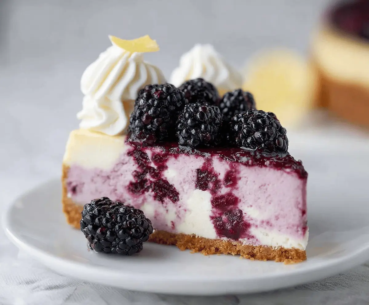 Delicious Blackberry Raspberry Cheesecake with a creamy texture and fresh berries topping