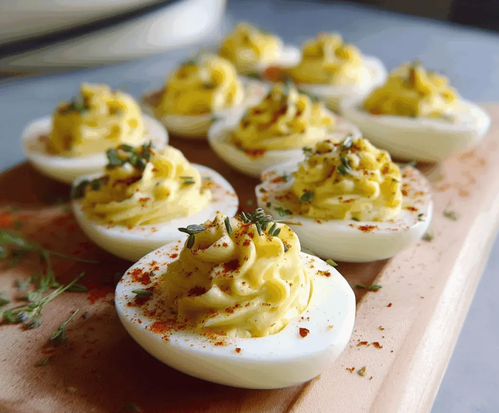 Delicious Boursin deviled eggs garnished with herbs for a flavorful appetizer