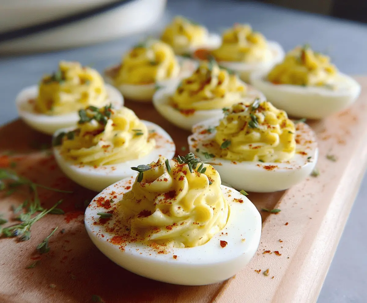 Delicious Boursin deviled eggs garnished with herbs for a flavorful appetizer