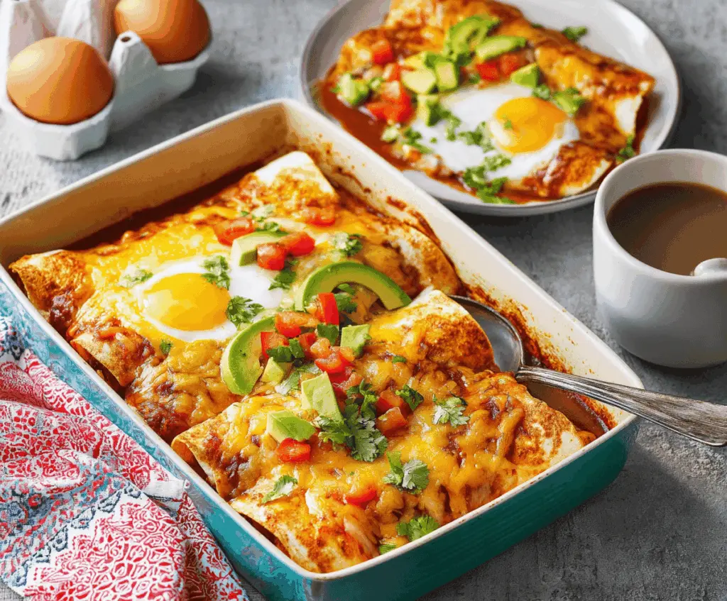Delicious breakfast enchiladas topped with cheese and fresh herbs, served on a plate.