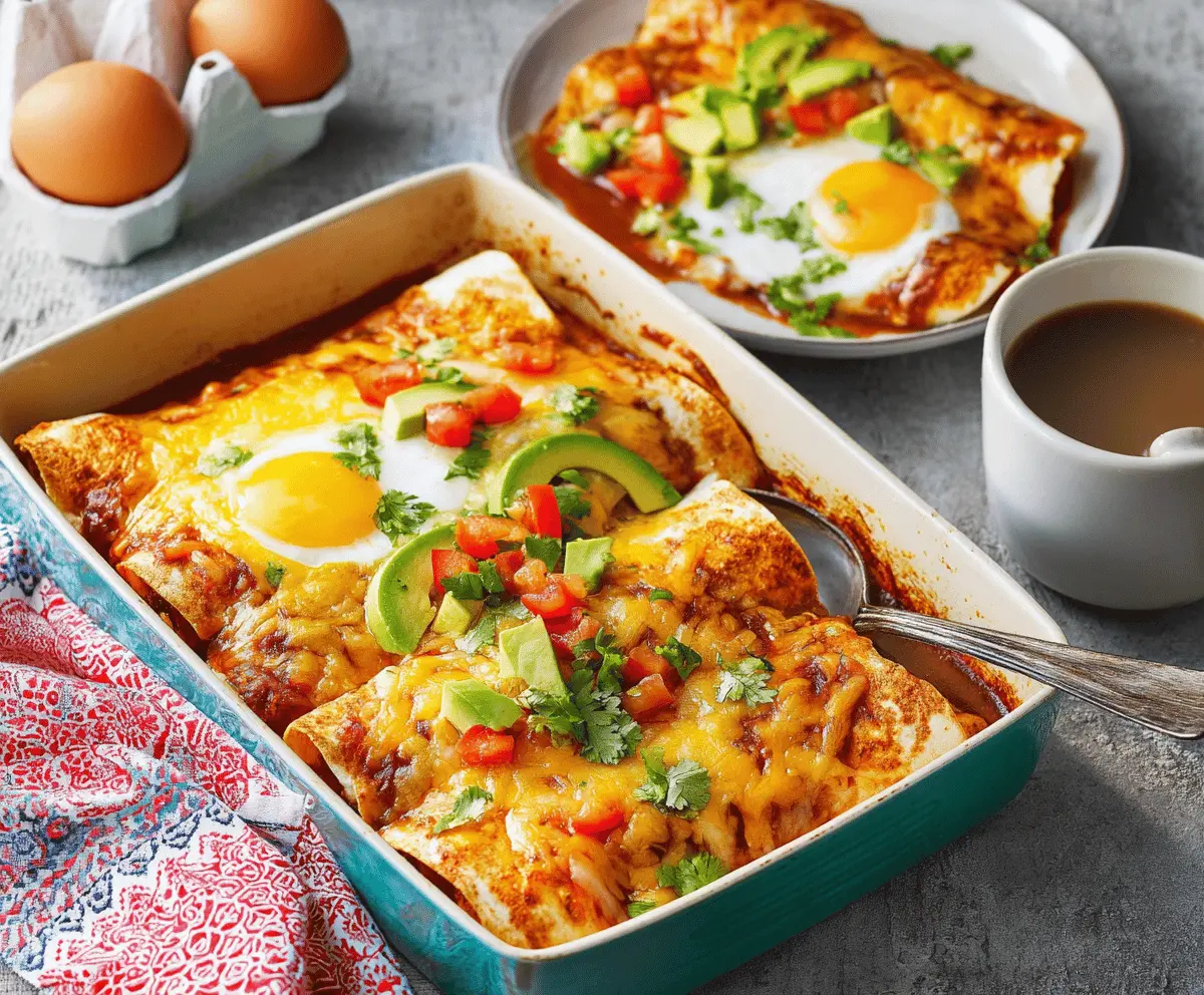 Delicious breakfast enchiladas topped with cheese and fresh herbs, served on a plate.