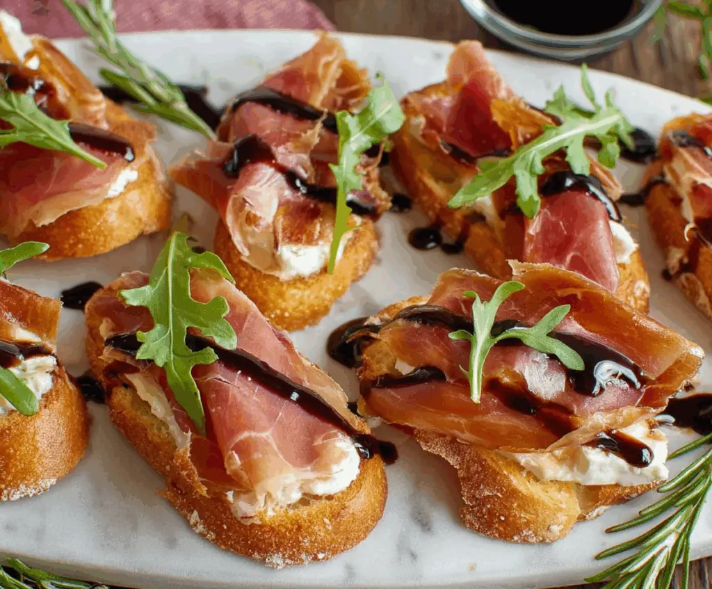 Crispy crostini topped with melted Brie cheese and thin slices of prosciutto, served on a rustic wooden platter.
