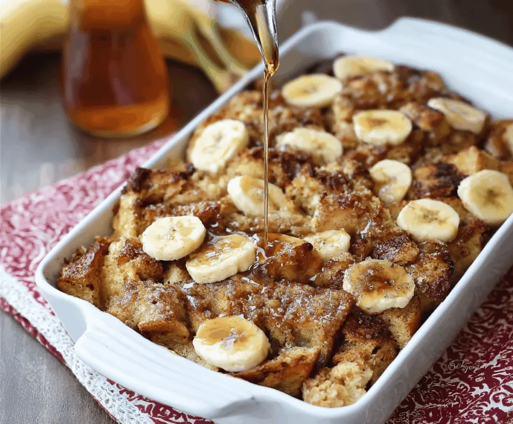 Delicious Brown Sugar Banana French Toast Casserole topped with fresh bananas and a caramelized brown sugar glaze.