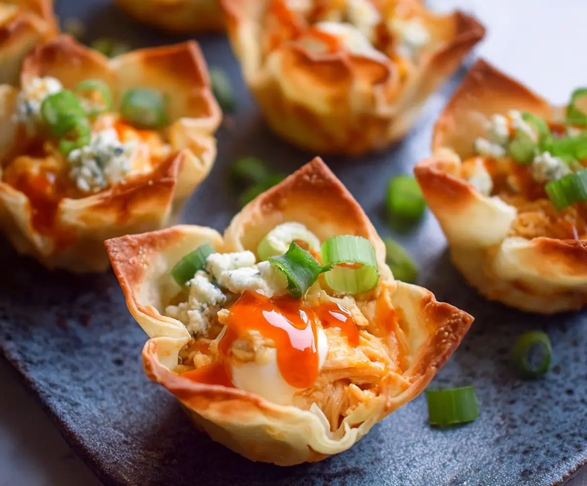Delicious Buffalo Chicken Wonton Cups garnished with fresh herbs, perfect appetizer for parties.