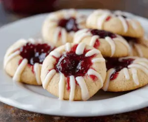 Delicious buttery raspberry jam thumbprint cookies topped with almond glaze.