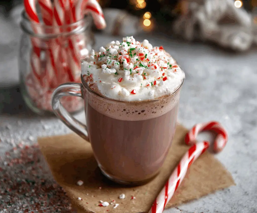 A cozy mug of Candy Cane Hot Chocolate topped with whipped cream and crushed candy canes, perfect for winter evenings.
