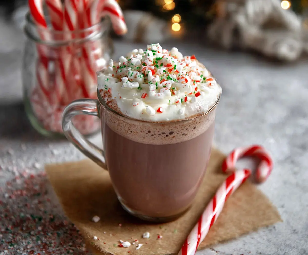 A cozy mug of Candy Cane Hot Chocolate topped with whipped cream and crushed candy canes, perfect for winter evenings.