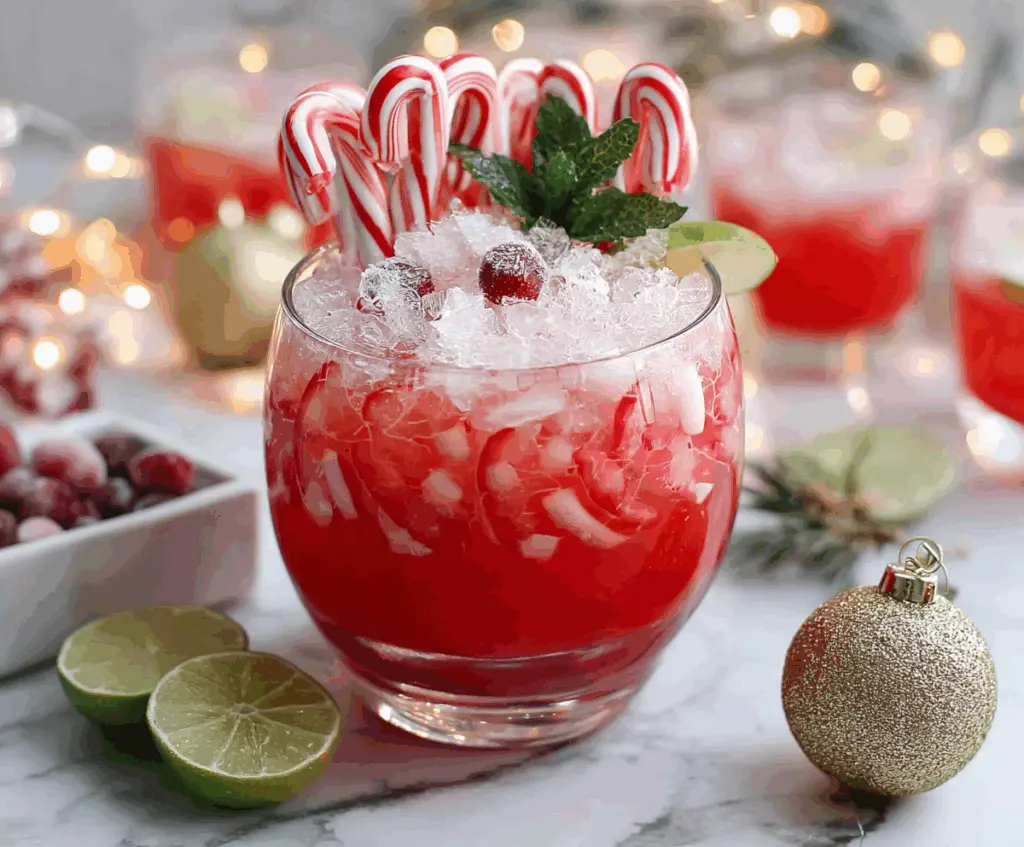 Festive Candy Cane Punch Mocktail in a clear glass garnished with a candy cane and mint leaves.