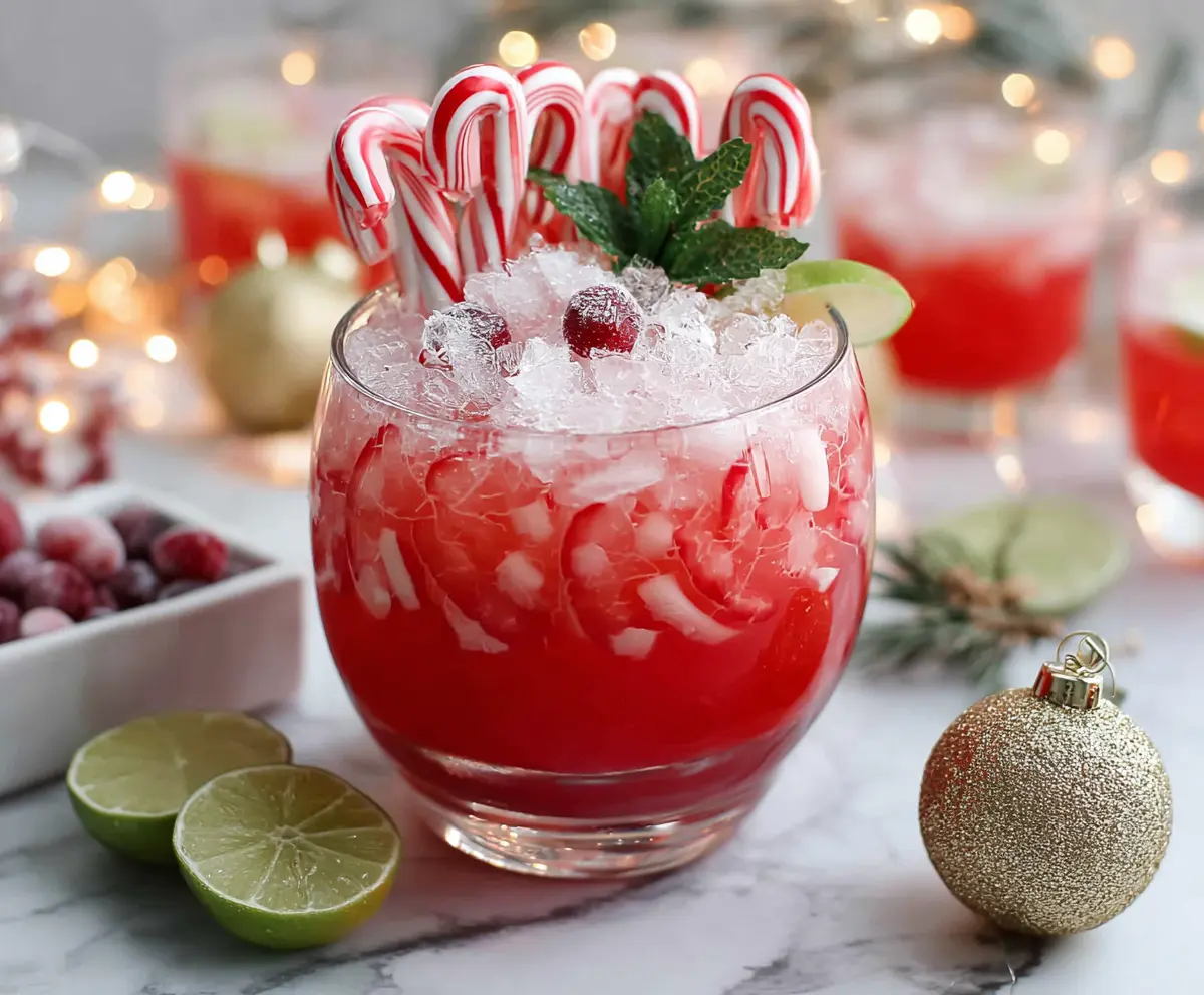Festive Candy Cane Punch Mocktail in a clear glass garnished with a candy cane and mint leaves.