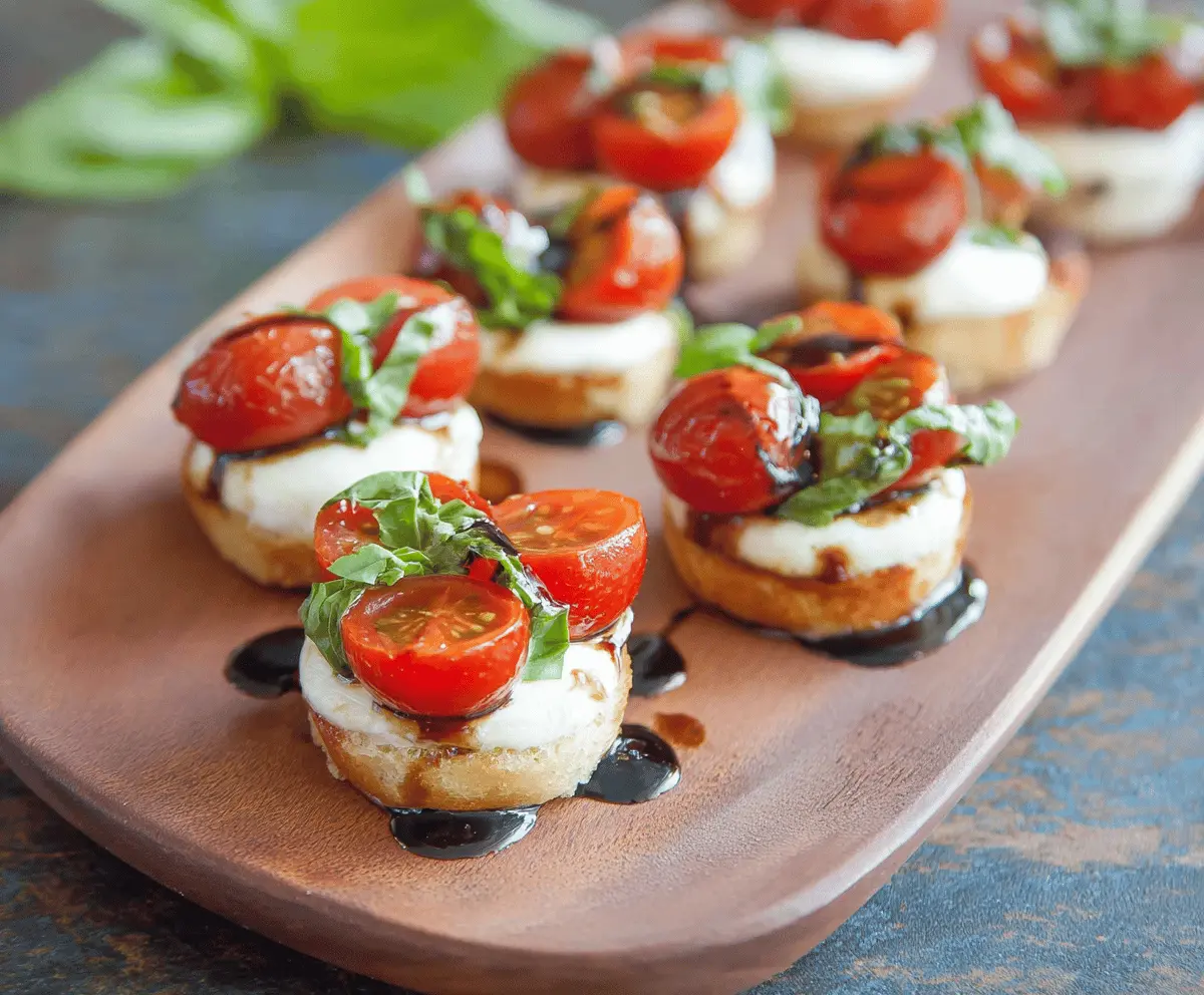 Delicious Caprese Bites featuring cherry tomatoes, fresh mozzarella, and basil on toothpicks for a savory appetizer.