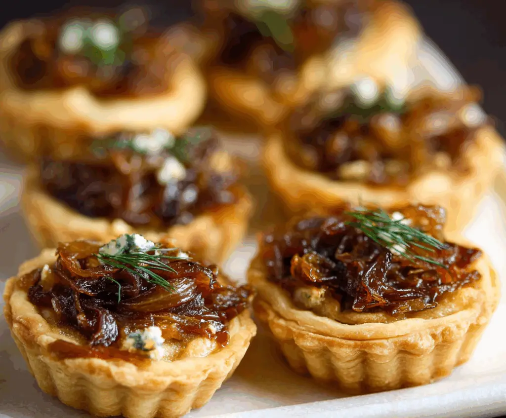 Delicious caramelized onion tartlets with golden crust, perfect for appetizers or parties.