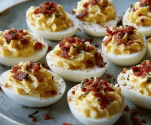 Delicious Carbonara Deviled Eggs with creamy filling and crispy pancetta on top.
