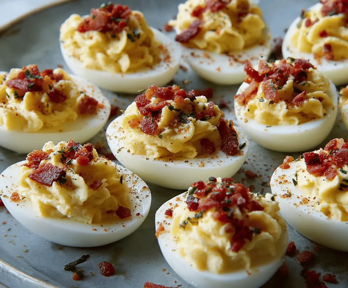 Delicious Carbonara Deviled Eggs with creamy filling and crispy pancetta on top.