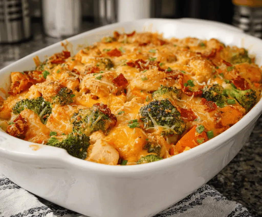 Delicious cheesy chicken sweet potato broccoli casserole served in a baking dish.