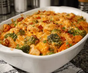 Delicious cheesy chicken sweet potato broccoli casserole served in a baking dish.